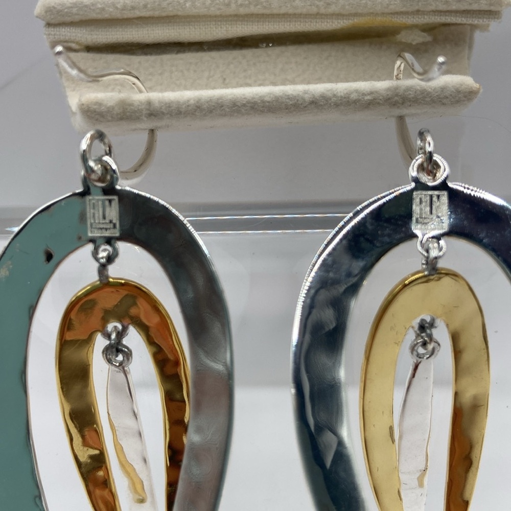 Robert Lee Morris Hammered 2 Tone Dangle Earrings Yellow White Bronze Pierced - Picture 5 of 12